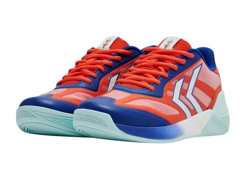 Hummel Algiz 25ICON Hallen-Indoorschuhe Herren, rot/blau/weiß, Größe 45 (11,5) - Badmintonschuhe Herren mit langlebiger TPU-Verstärkung und atmungsaktivem Mesh-Obermaterial für maximale Dämpfung und Unterstützung – ideal für leistungsstarke Spiele.