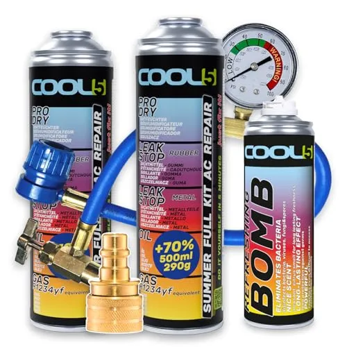 Cool5 2X Klimaanlagen-Reparaturset Summer Full KIT AC 5in1 (R1234yf Ersatz Gas) mit Messschlauch - für Fahrzeuge ab Baujahr 2017, 290g +70% Produkt - Klimaanlagenlösung + Refreshing Bomb