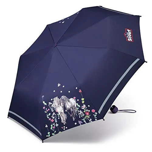 Scout Taschenregenschirm Mini - leicht lila, reflektierendes Flower-Horse Design, ideal für Kinder und unterwegs