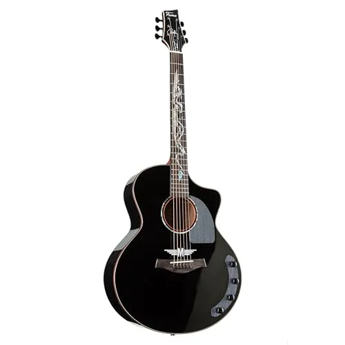 Fame Grand Auditorium Westerngitarre, Cutaway, massive Fichtendecke, Dragon Inlay, Custom Tonabnehmersystem, Hochglanz Schwarz, inkl. Gigbag, 6 Saiten, ideal für Einsteiger und Fortgeschrittene
