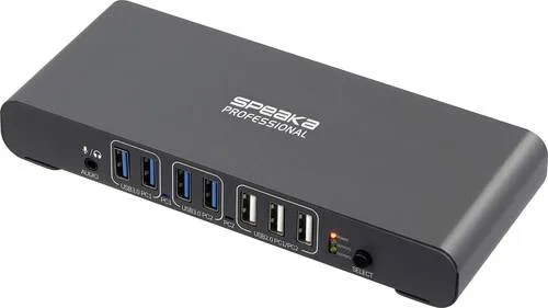 SpeaKa Professional SP-KVM-2P4K 2-Port KVM-Umschalter - Der SP-KVM-2P4K ermöglicht die einfache Steuerung von zwei Computern mit nur einer Tastatur und Maus. Genießen Sie 4K@60Hz Bildqualität und vielseitige Anschlussmöglichkeiten für ein optimiertes Arbeitsumfeld.