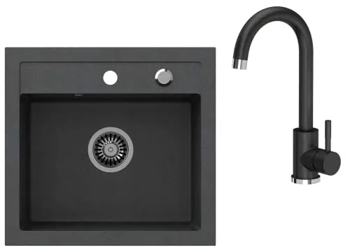 VBChome Spülbecken mit Armatur 50x47 cm Schwarz Granit Küchenspüle Einbauspüle Einzelbecken mit Siphon, Verbundspüle kratzfest & hitzebeständig, gesprenkelte Spüle für Küche inkl. Armatur