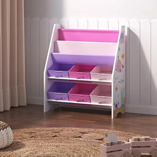 [en.casa] Kinderregal Ponteceso mit Ozean-Motiv - Praktisches Kinderzimmerregal mit 2 Ablagefächern und 6 Boxen, ideal zum Verstauen von Büchern und Spielzeug. Dekoratives Ozean-Motiv sorgt für eine lebhafte Atmosphäre.