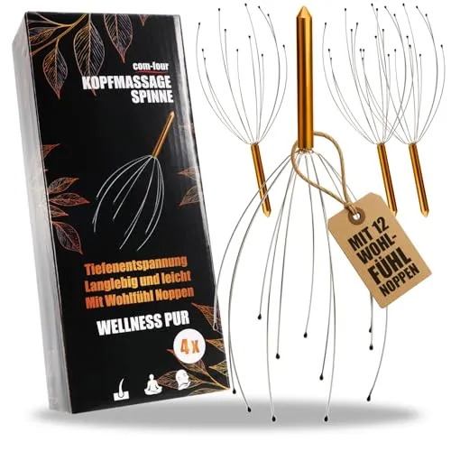 com-four® 4x Kopfmassage Spinne - Kopfmassagegerät 24 cm - Kopfkrauler, Massagespinne zur Entspannung - Kopfkrauler, Kopfkratzer, Akupressur mit Auslegern auf 2 Ebenen (4 Stück - bronzefarben)
