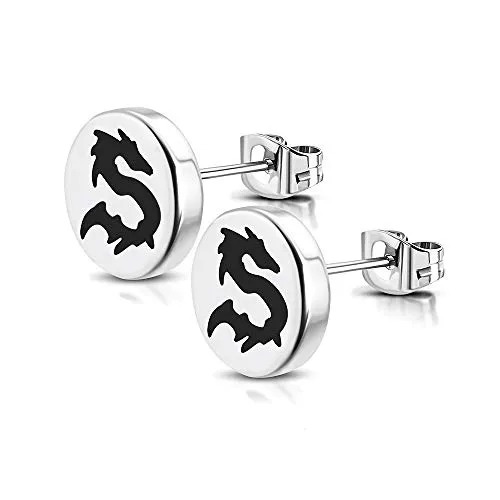 BlackAmazement 2er Set Ohrstecker 316L Edelstahl Drache Lucky Dragon 8mm Silber schwarz Herren