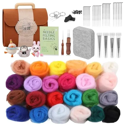 Nadelfilz Set, Mit Filzwolle Zum Trockenfilzen In 24 Farben, Filzen Starterset für Anfänger mit Filznadeln, Werkzeugen, Aufbewahrungsbox und Anleitung Zum Kreativen Basteln, für DIY-Basteldekoration
