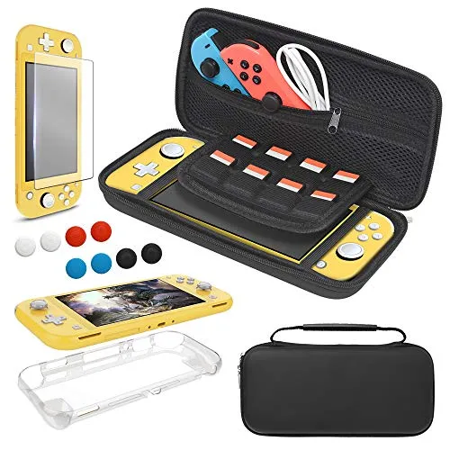 Tasche und Schutzhülle Kompatibel mit Nintendo Switch Lite Zubehör Set, YUANHOT Tragetasche & Hülle für Switch Lite & Displayschutzfolie & Joystick Kappen - Schwarz
