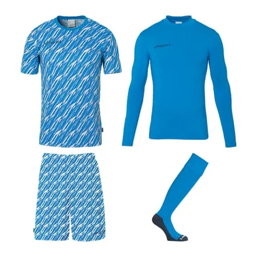 uhlsport Herren Progressive Torwart Set Trikot, Cyan/Weiß, 164 EU - Komplettes Torwart-Set aus 100% recyceltem Polyester, ideal für Fußballtraining und -spiel. Inklusive Shirt, Baselayer, Shorts und Stutzen für optimale Performance und Komfort.