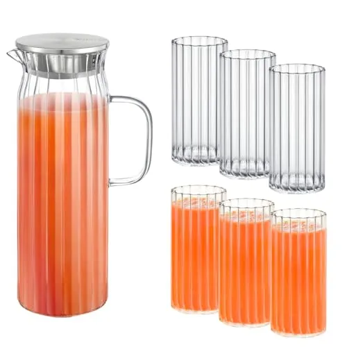 Wilmax | Glaskaraffe 1,5L mit 6 Wassergläser 300ml im Set | Deckel aus Edelstahl | Wasserkaraffe aus geriffeltem Glas | Wasserkrug für Saft, Wasser, Eistee, Milch | Glaskaraffe | Wasserkanne