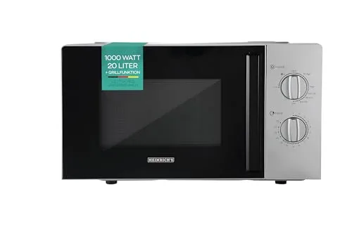HEINRICHS Mikrowelle, kompakte Mikrowelle, 20L Volumen, 9 Leistungsstufen, inkl.35min.Timer, Defrost Funktion, Innenraumbeleuchtung,360°Drehteller, mit Grillfunktion,1000W Leistung, Heinrich´s(silber)