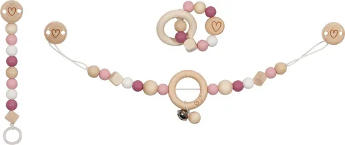 goki Greifspielzeug goki baby Herz-Set (3-tlg) - Das goki baby Herz-Set umfasst eine Kinderwagenkette, Schnullerkette und Greifling aus Holz und Silikon. Ideal für die motorische und sensorische Entwicklung deines Babys, sicher und ansprechend gestaltet.