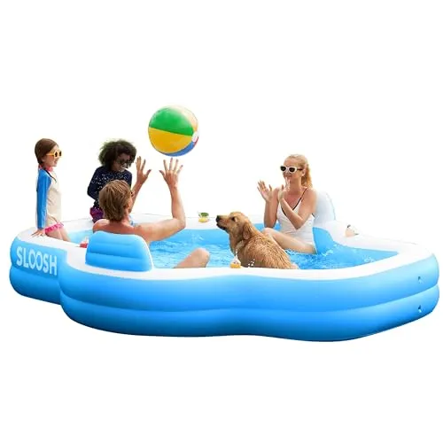 SLOOSH Aufblasbarer Swimmingpool mit Sitzen, 305 x 257 x 66 cm, überirdischer Familienpool mit Rückenlehne und Getränkehaltern, Planschbecken für Sommerparty im Garten oder auf dem Rasen, Blau