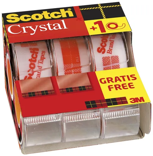 Scotch 6-1975C3 Crystal Klebeband - 3 Einweg-Handabroller mit 3 Rollen, kristallklar und leise, ideal für präzises Kleben