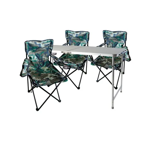 4-tlg. Camouflage Campingmöbel Set - Campingmöbel Set mit höhenverstellbarem Tisch und praktischen Stühlen, perfekt für Outdoor-Abenteuer und leicht transportierbar dank Tragegriff und Tasche.