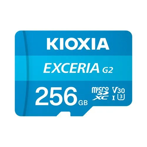 Kioxia EXERCIA G2 MicroSD/SD 256GB - 100MB/s - MicroSDXC Speicherkarte mit 256 GB, ideale Geschwindigkeit von bis zu 100MB/s für schnelle Datenübertragungen und hohe Leistung bei Apps und Videos.