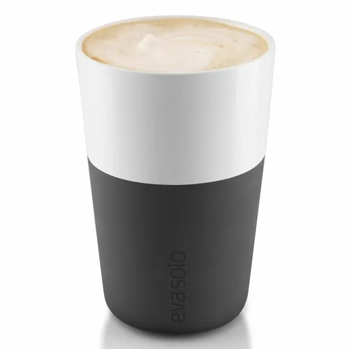 Eva Solo Caffé Latte-Becher 2er Set Schwarz 360 ml - Thermobehälter – Stilvolles 2er Set aus Porzellan mit Silikonschale für perfekten Kaffeegenuss ohne Verbrennen der Finger.