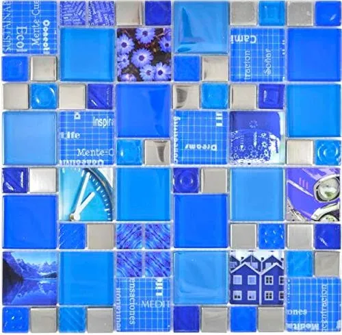 Transparentes Crystal Mosaik Glasmosaik silber blau Wand Küche Dusche Bad Fliesenspiegel|88-0417_f|10 Mosaikmatten