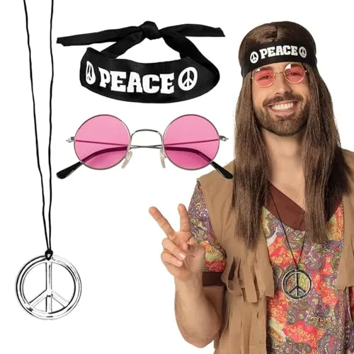 Boland 44518 - Zubehörset Peace, 3-teiliges Set, Stirnband, Partybrille und Halskette, Modeschmuck, Flower Power, 70er Jahre, Hippie, Accessoire, Verkleidung, Kostüm, Karneval, Mottoparty