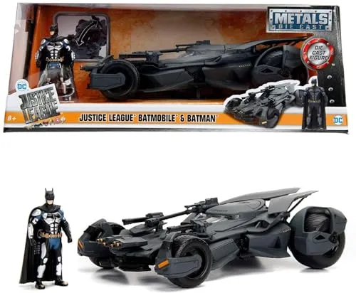 Jada Toys 253215000 Justice League Batmobil, hochdetailiertes 1:24 Modellauto inkl. Batman-Figur, Cockpit und Türen können geöffnet Werden, mit Freilauf, grau