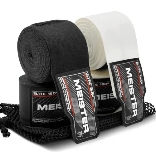Meister Elite Premium-Handbandagen für Erwachsene, 457,2 cm, für MMA und Boxen, 2 Paar mit Netztasche, Schwarz/Vintage-Elfenbein