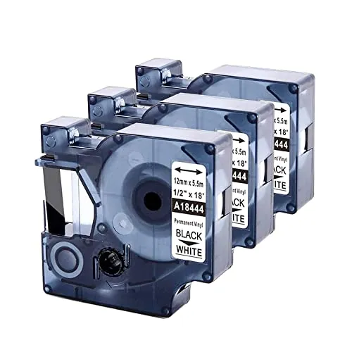 Upwinning A18444 Bänder Kompataibel mit Dymo Rhino 18444 12mm x 5.5m Permanent Vinyl Schwarz auf Weiß Schriftband, Rhino 12mm Etiketten Kompatibel mit Dymo Rhino 6000 5200 5000 4200 3000 1000