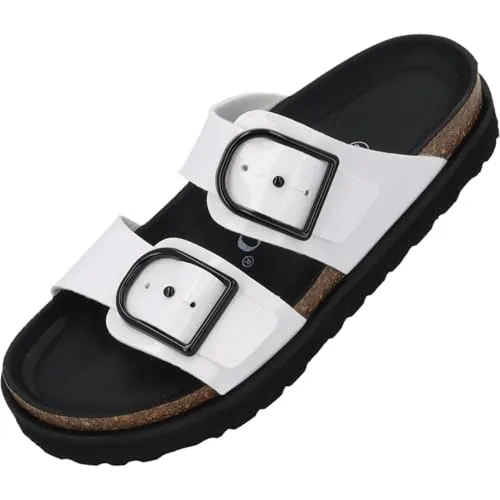 Palado Pantoletten Damen Tessani - bequeme Sandalen Made in Spain - Hausschuhe mit dämpfendem Kork-Fußbett - modische Sommerschuhe Weiß Lack UK6 - EU39