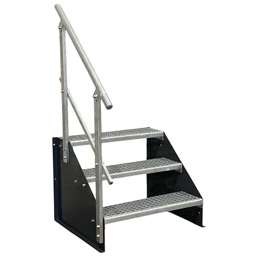 Stufen Standtreppe 3 Stufen, freistehend schwarz mit Geländer - Trittstufen mit 3 Stufen, freistehend, Breite 60cm, Höhe 63cm, bietet Sicherheit durch einseitiges Geländer, ideal für den Innen- und Außenbereich.