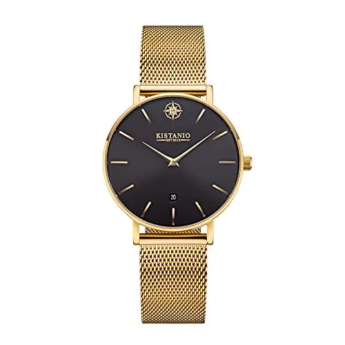 Kistanio Petit Damenuhr mit Milanaiseband Datum Edelstahl Goldfarben Schwarz Saphirglas GO-BLKS-M