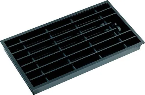 Subtiel Deckenluftgitter Ventlab verstellbar, schwarz - Flexibles Deckenluftgitter mit verstellbaren Lamellen für optimale Luftführung. Hitzebeständige Pulverbeschichtung und einfacher Einbau mit schmalem Rand. Maße: 328 x 198 mm, freier Querschnitt: 395 cm².