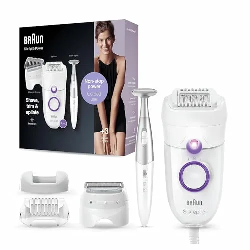 Braun Silk-épil 5 Power Epilierer zur Haarentfernung mit elektrischem Rasierkopf und Bikini-Trimmer, schnurgebundener Epilierer mit 28 Pinzetten, Geschenke für Frauen, 5-825, Weiß/Violett
