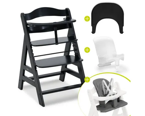 Hauck Hochstuhl Alpha Plus Black, Holz Baby Kinderhochstuhl mit Tablett Click Tray, Baby-Sitz & Sitzpad