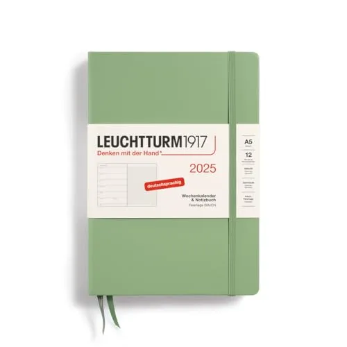 LEUCHTTURM1917 370490 Wochenkalender & Notizbuch Medium (A5) 2025, Salbei, Deutsch