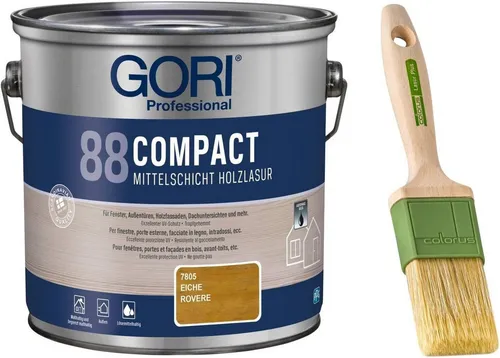 GORI 88 Compact-Lasur (2,50 Liter) mit Pinsel - Holzlasuren für langlebigen Schutz und brillantes Aussehen, inklusive Profil-Lasurpinsel für eine präzise Anwendung.