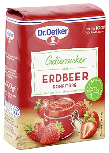 Dr. Oetker Gelierzucker für Erdbeer Konfitüre, 500 g, fertiger Gelierzucker, zum Selbermachen von Konfitüren & Gelees aus Erdbeeren, vegan