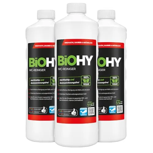 BiOHY WC-Reiniger (3 x 1 Liter) | Extra starker Bio Toilettenreiniger - Reinigungsmittel für blitzsaubere Toiletten: Der gelförmige Bio-Reiniger haftet an senkrechten Flächen und entfernt effektiv Kalk und Urinstein, ohne Mikroplastik und 100% biologisch abbaubar.