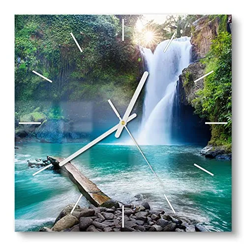 DEQORI Glasuhr | 30x30 cm | Wasserfall Motiv in grün von DEQORI