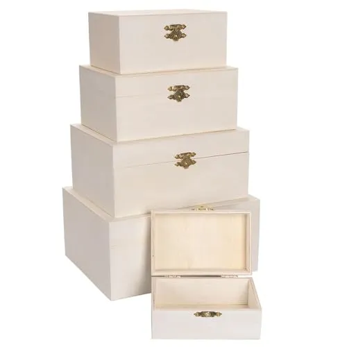 Ideen mit Herz | Holz-Boxen-Set | rechteckig | Holzkisten mit Deckel und Metall-Verschluss | 5 Stück | verschiedene Größen