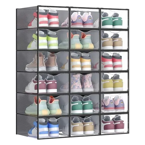 SONGMICS Schuhboxen, Schuh-Organizer aus Kunststoff, mit Tür, durchsichtig, 18er Set, stapelbar, einfache Montage, 33,2 x 23 x 14,5 cm, für Schuhe bis Größe 43, transparent-tintenschwarz LSP318B01