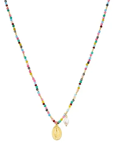 Yokoamii Damen Kette aus Metall-Legierung mit buntem Achat von Yokoamii