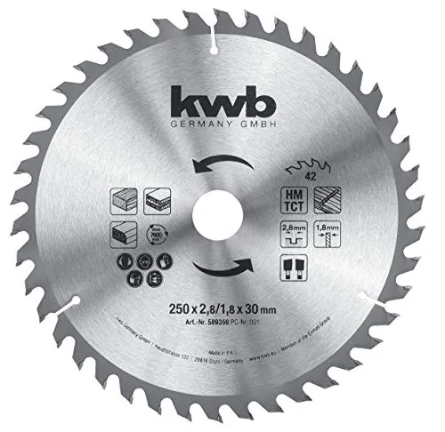 kwb BAU-Kreissägeblatt 250 x 30 - Wechselzahn Z-42 Zähne, ideal für mittlere Schnitte in Bau-Holz und Span-Platten, hochwertige Qualität und einfache Montage