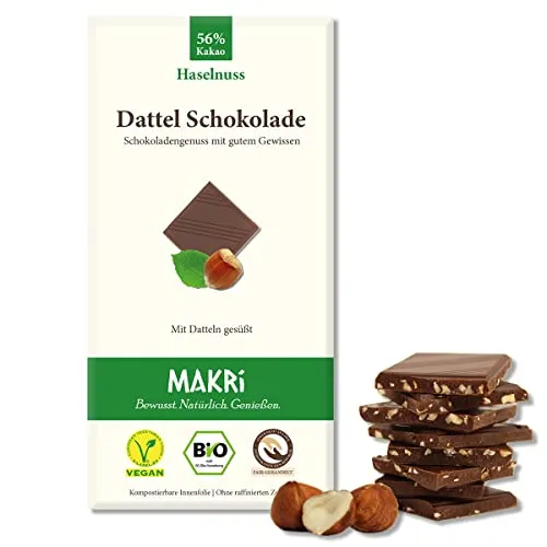MAKRi® BIO Dattel Schokolade - ohne raffinierten Zucker, Mit Datteln gesüßt, Vegan & Fair gehandelt (Haselnuss 56%, 1 Tafel)