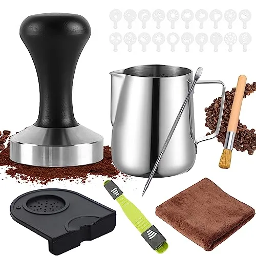 YUTUY 51mm Kaffee Tamper Set,27pcs Espresso Tamper Set,Kaffee-Tamper aus Edelstahl Enthält Espresso Kaffeedrücker,Ablage,350ml Milchkännchen,20* Kaffee Schablonen,Reinigungsbürste,Kaffeemehlpresser