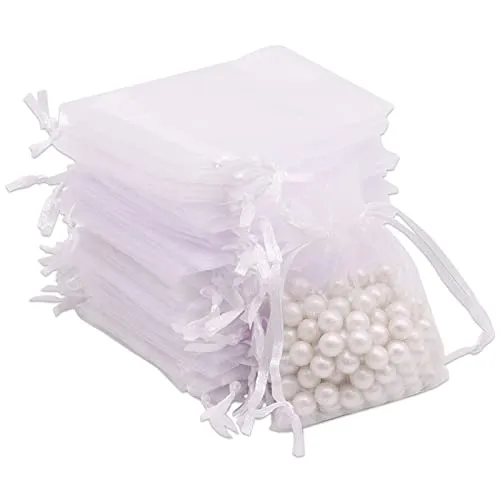 Leeyunbee 100 Stück Weiß Organzasäckchen 7 x 9 cm Organzabeutel, Säckchen Geschenk Schmuck Hochzeit Bonbonsbeutel Für Festival Party und Hochzeit, Satin-Kordelzug