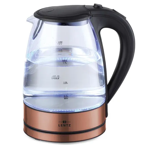 Lentz Wasserkocher LED Glaswasserkocher schnurlos - Wasserkocher in elegantem Bronze-Design, mit Sicherheitsverschluss und automatischer Abschaltung. Ideal für Teeliebhaber, Fassungsvermögen 1,7 Liter.