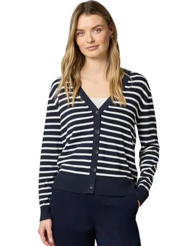 Street One Damen Gestreifter Cardigan - Stylischer Cardigan mit V-Ausschnitt und langen Ärmeln, ideal für lässige Outfits. Weiches Material sorgt für hohen Tragekomfort.