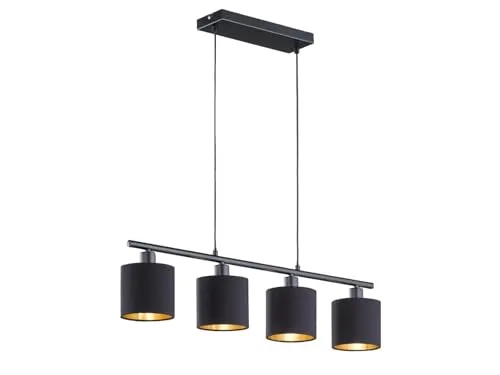 meineWunschleuchte 4-flammige Balkenpendelleuchte Schwarz-Gold - Elegante 4-flammige Pendelleuchte mit Stoffschirmen in Schwarz-Gold. Ideal für stimmungsvolle Beleuchtung, dimmbar und mit austauschbaren E14 LEDs für individuelle Lichtgestaltung.