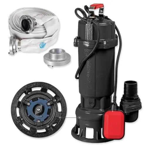 WALTER Schmutzwasser-Tauchpumpe WWS-TP1500-B01 – 5-tlg. Set mit Schlauch - Leistungsstarke 1500 W Schmutzwasserpumpe für den Einsatz in Pools, Teichen und Kellern. Wetterfestes Gehäuse aus Gusseisen, inklusive Feuerwehrschlauch für optimale Handhabung.