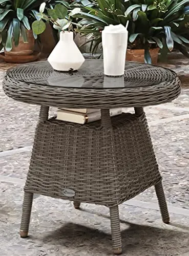 Destiny Beistelltisch MALAGA, Ø 60x55 cm - Ablagetisch aus wetterbeständigem Polyrattan in Vintage Grau mit eleganter Glasplatte – ideal für stilvolle Akzente im Garten oder auf der Terrasse.