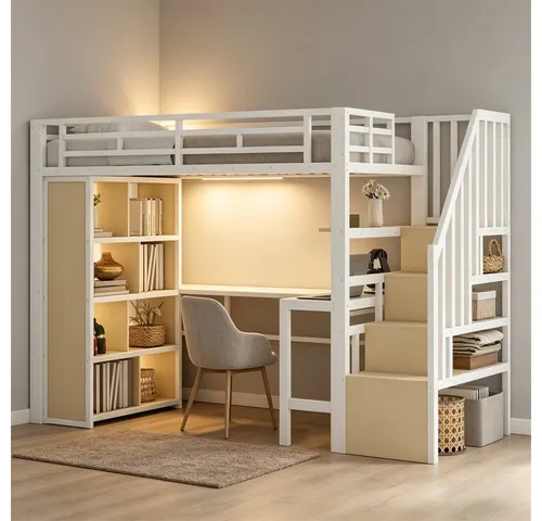 REDOM Hochbett mit Eisenrahmen und LED-Beleuchtung, 90x200 cm - Robustes Hochbett mit integriertem Schreibtisch und Stauraumtreppe. Ideal für kleine Räume, bietet effizienten Stauraum und eine anpassbare LED-Beleuchtung für jede Stimmung.