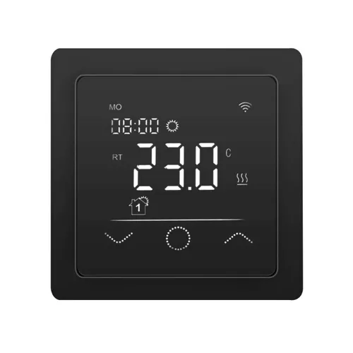 HoWaTech Temperaturregler WLAN Touch 750 schwarz - WLAN Touch Thermostat für elektrische Fußbodenheizungen, programmierbar mit 4-Phasen-Heizzeitplan und Fernsteuerung via Tuya App für maximalen Komfort und Energieeffizienz.